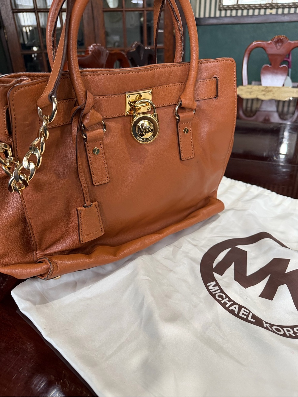 Michael Kors Leather Satchel in Cognac Brown with Gold Hardware